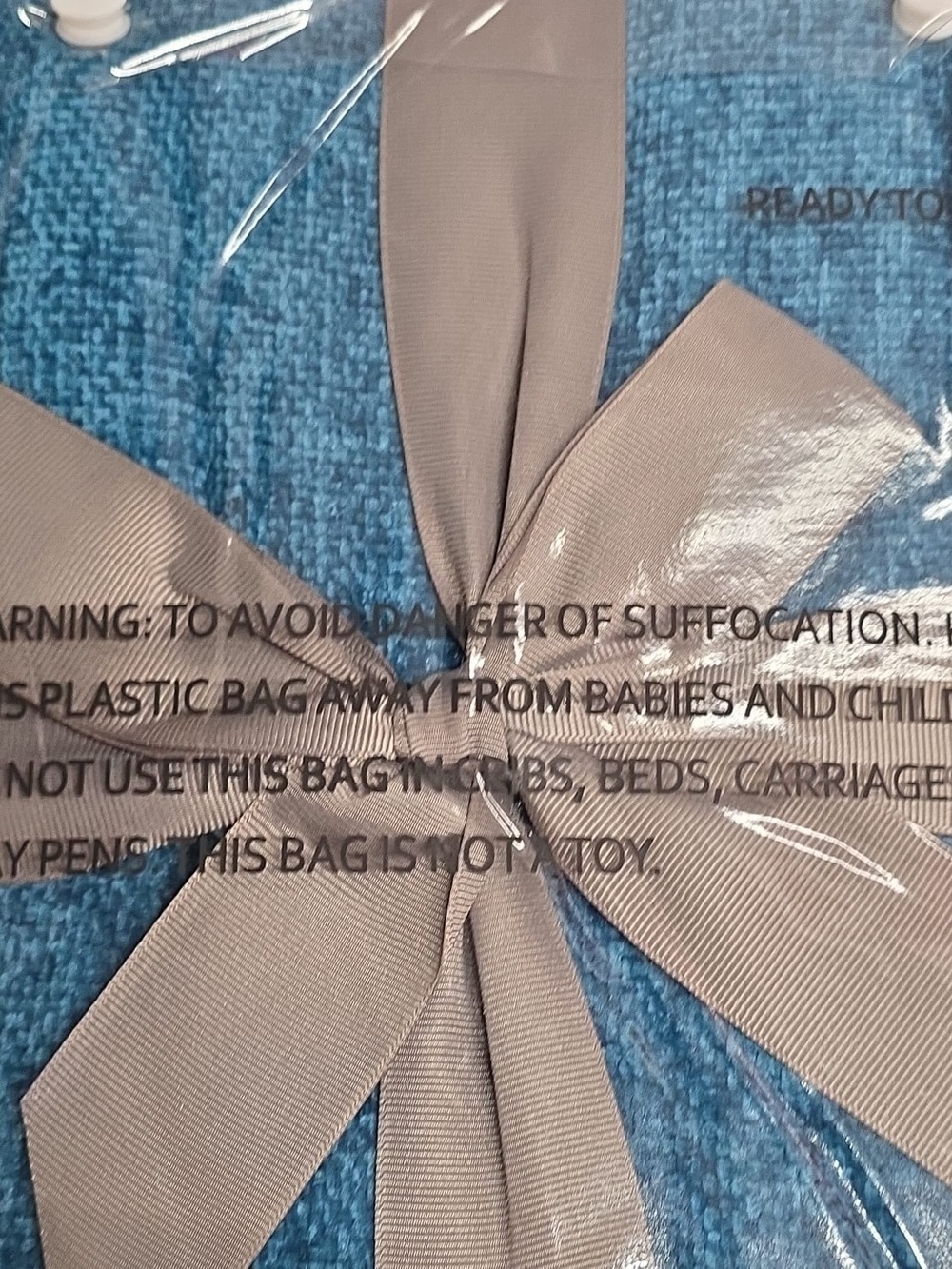 Plush Blue Throw Blanket with Taupe Ribbon Accent